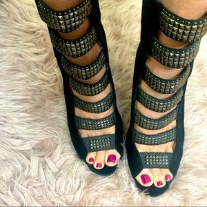 Sam Edelman black suede wedge heel silver hardware embellished booties size 10M